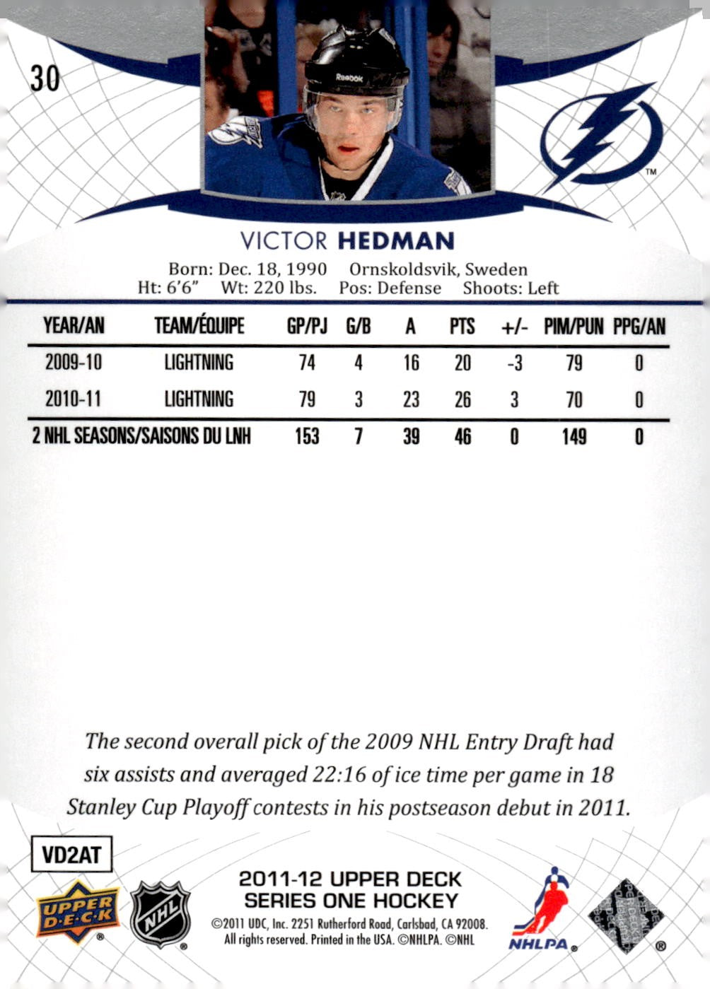 2011-12 Upper Deck #30 Victor Hedman Hockey Tampa Bay Lightning