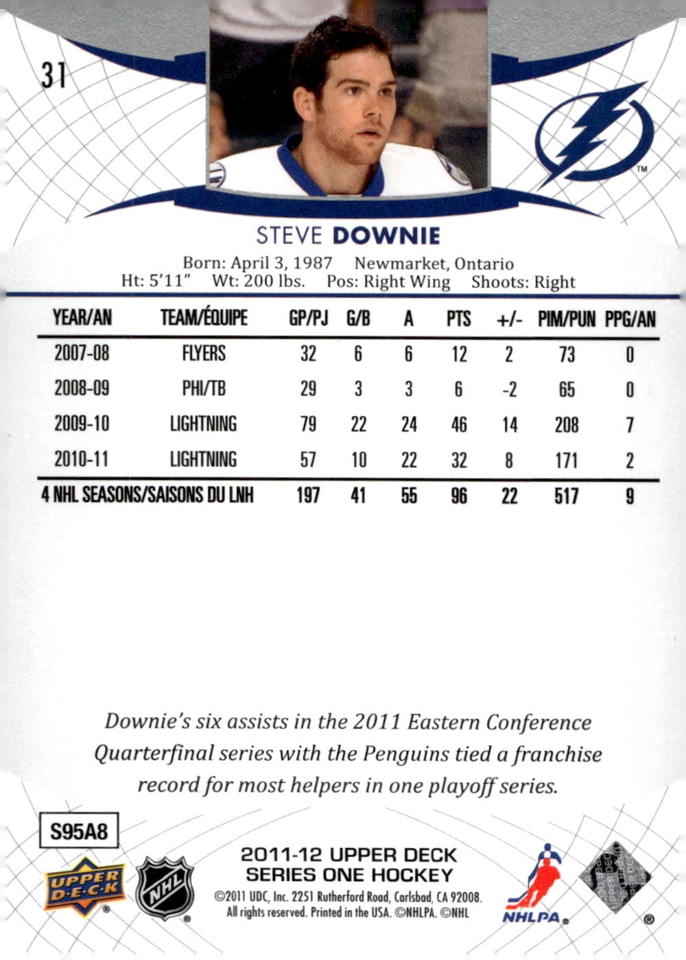 2011-12 Upper Deck #31 Steve Downie Hockey Tampa Bay Lightning