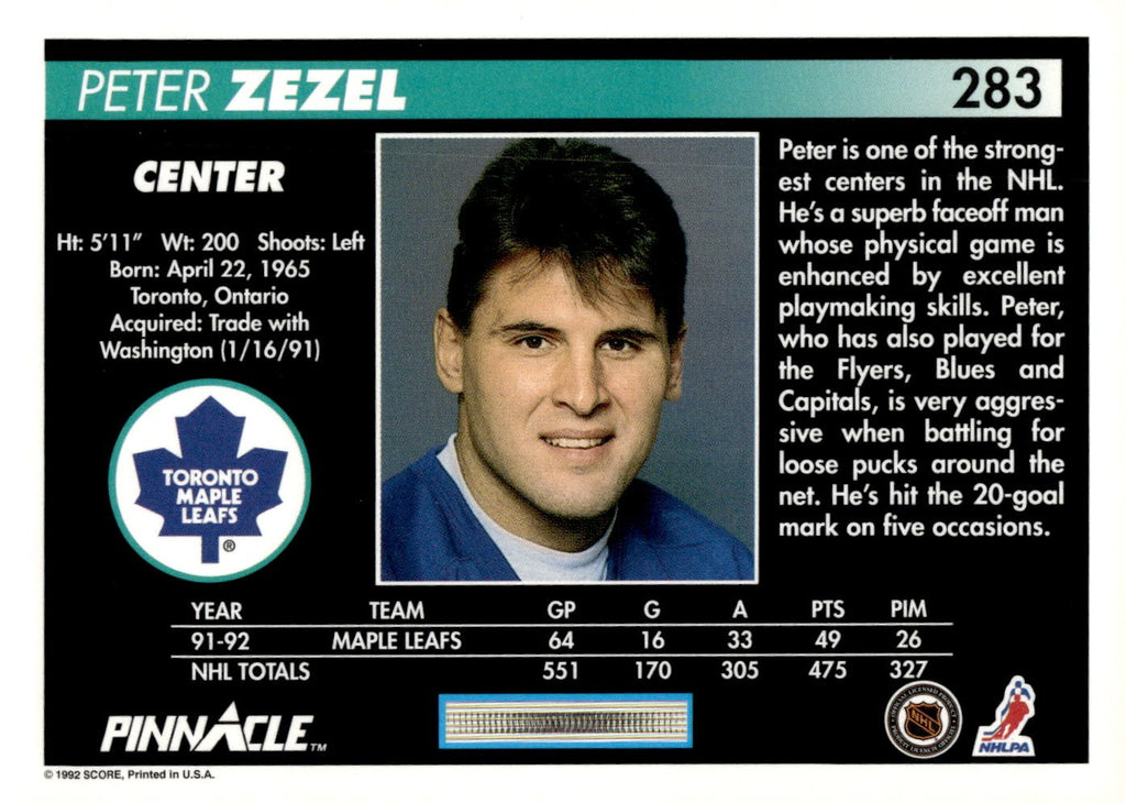 1992-93 Pinnacle #283 Peter Zezel Hockey Toronto Maple Leafs