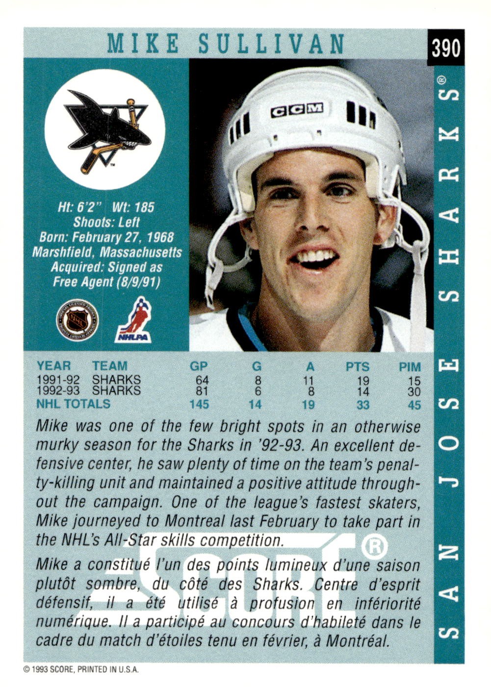 1993-94 Score #390 Mike Sullivan Hockey San Jose Sharks