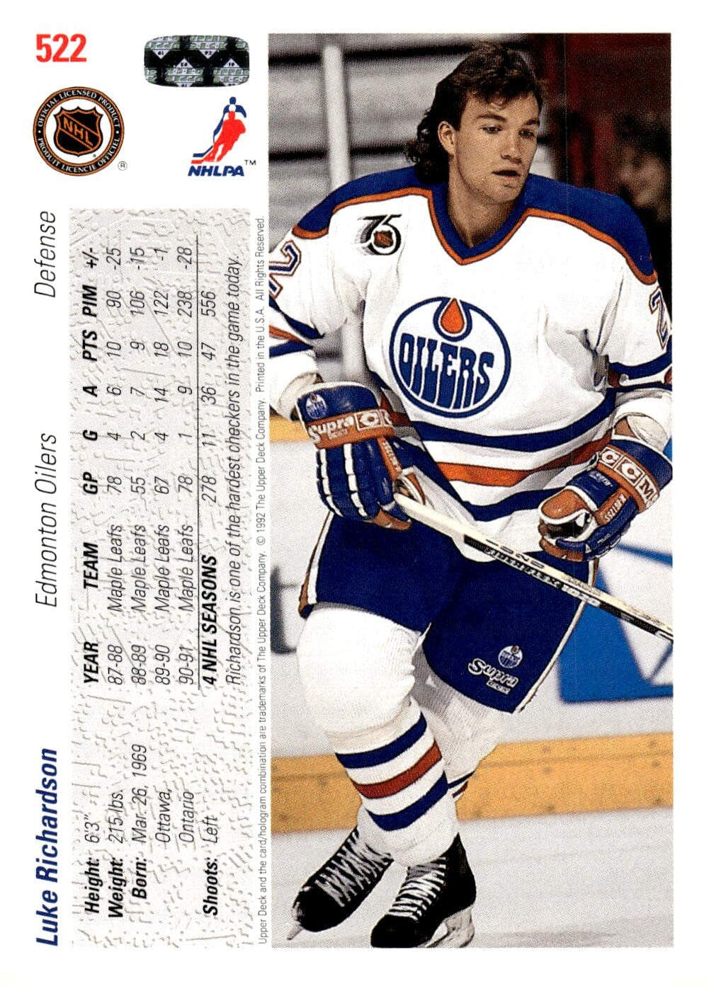 1991-92 Upper Deck #522 Luke Richardson Hockey Edmonton Oilers