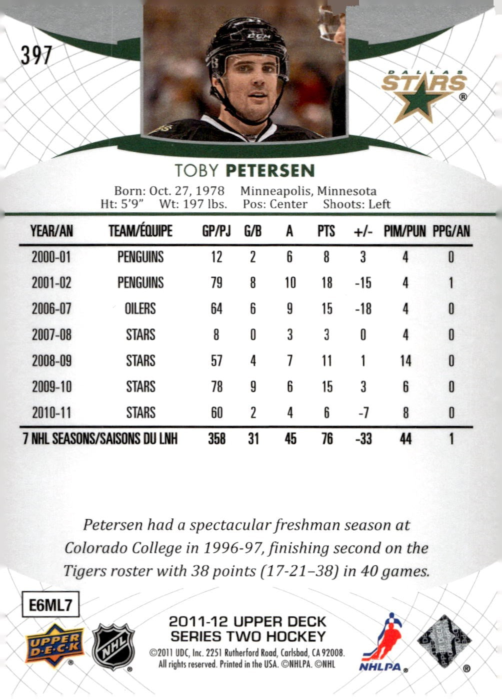 2011-12 Upper Deck #397 Toby Petersen Hockey Dallas Stars