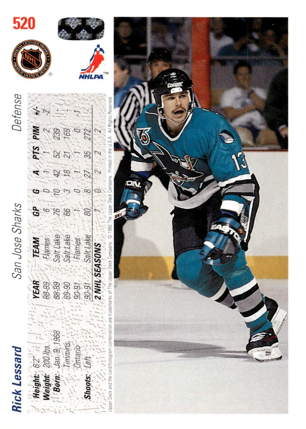 1991-92 Upper Deck #520 Rick Lessard Hockey San Jose Sharks