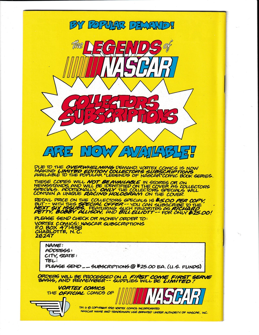Legends of NASCAR #3 (1991) Ken Schrader Vortex Comics