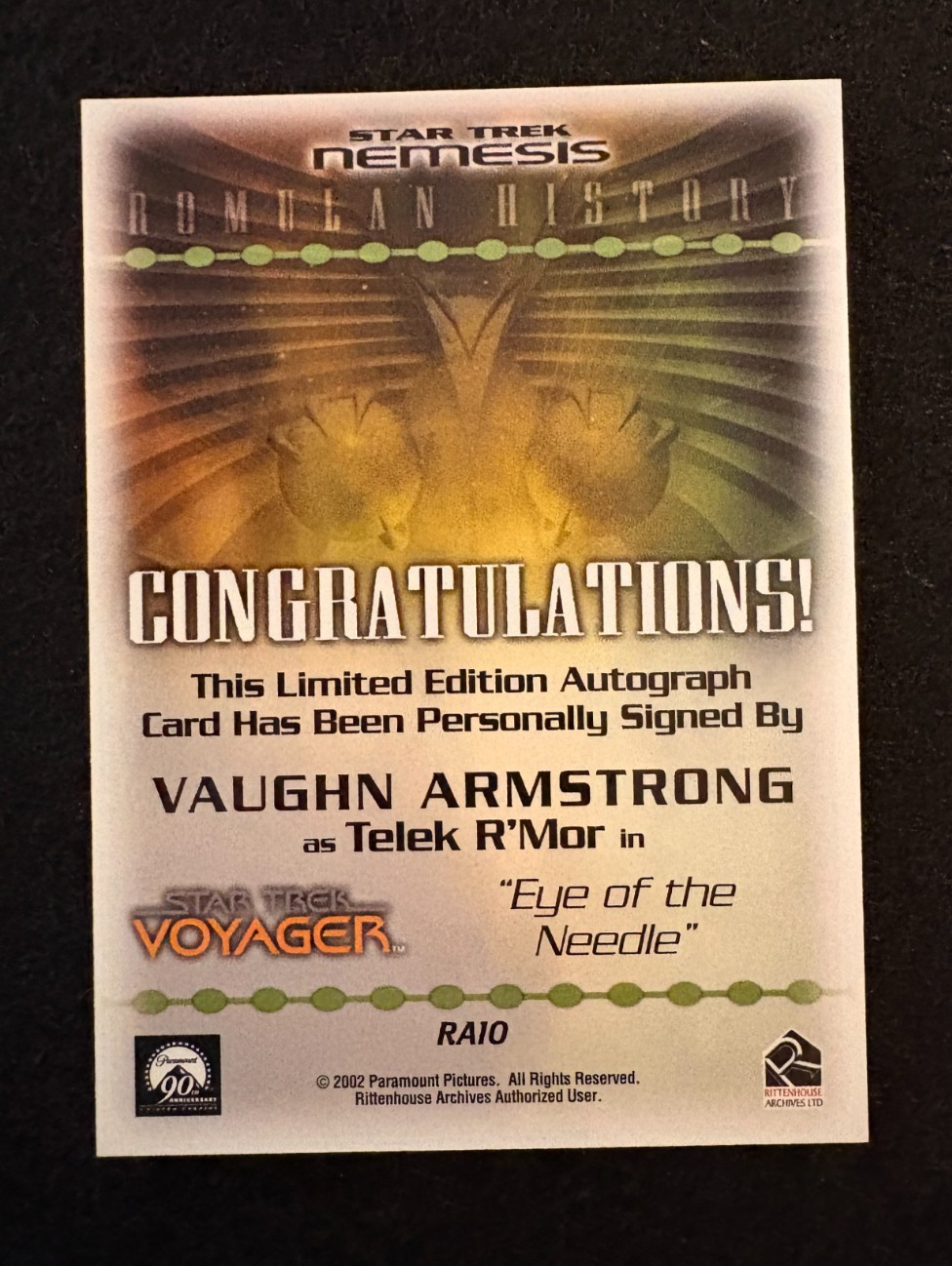 2002 Rittenhouse Star Trek Nemesis Vaughn Armstrong as Telek R'Mor AUTO RA10
