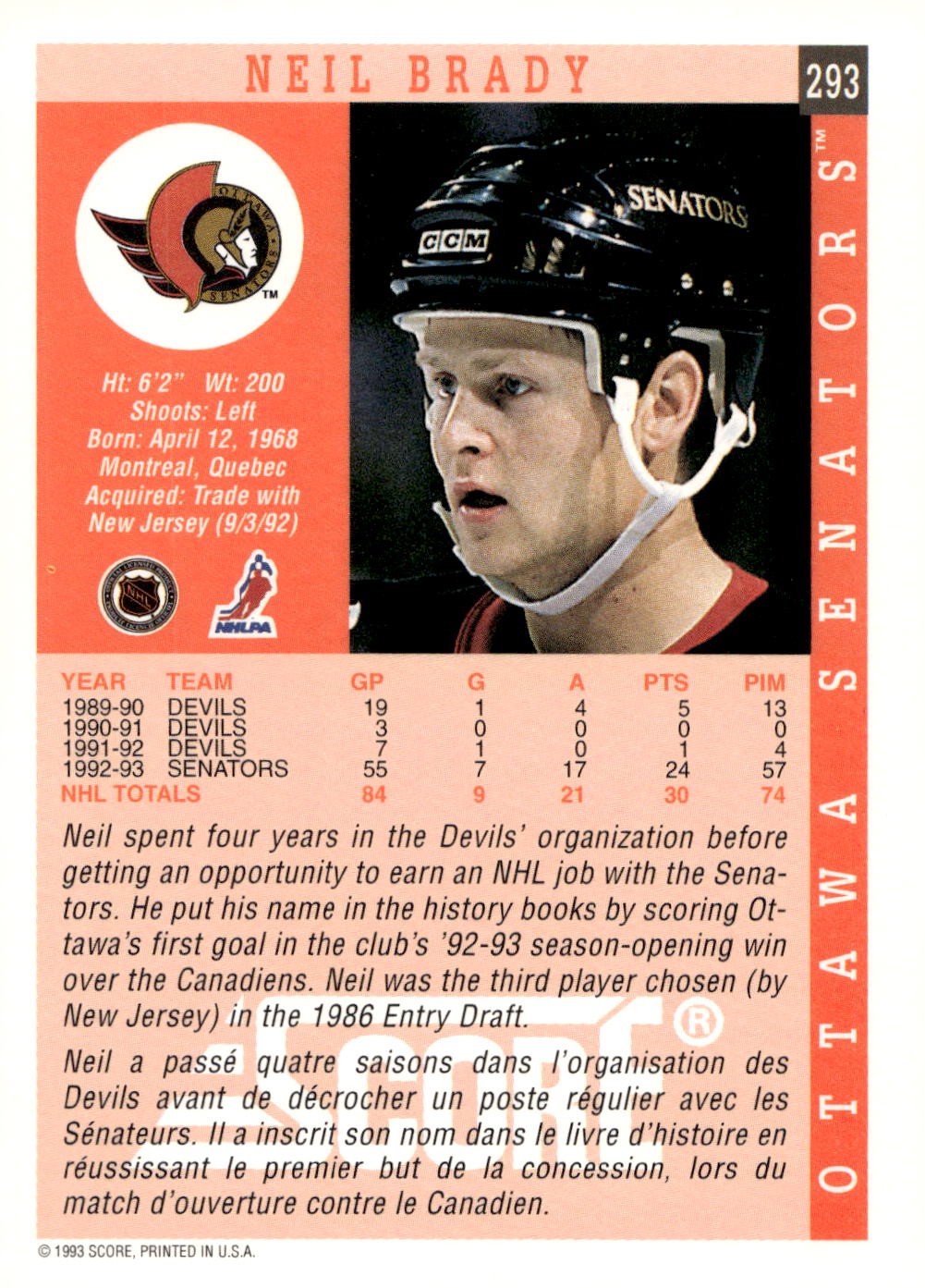 1993-94 Score Canadian #293 Neil Brady Hockey Ottawa Senators
