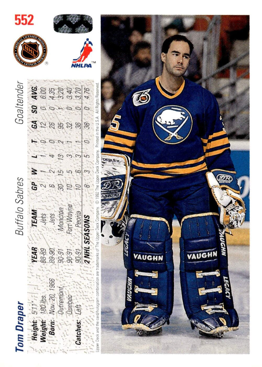 1991-92 Upper Deck #552 Tom Draper Hockey Buffalo Sabres