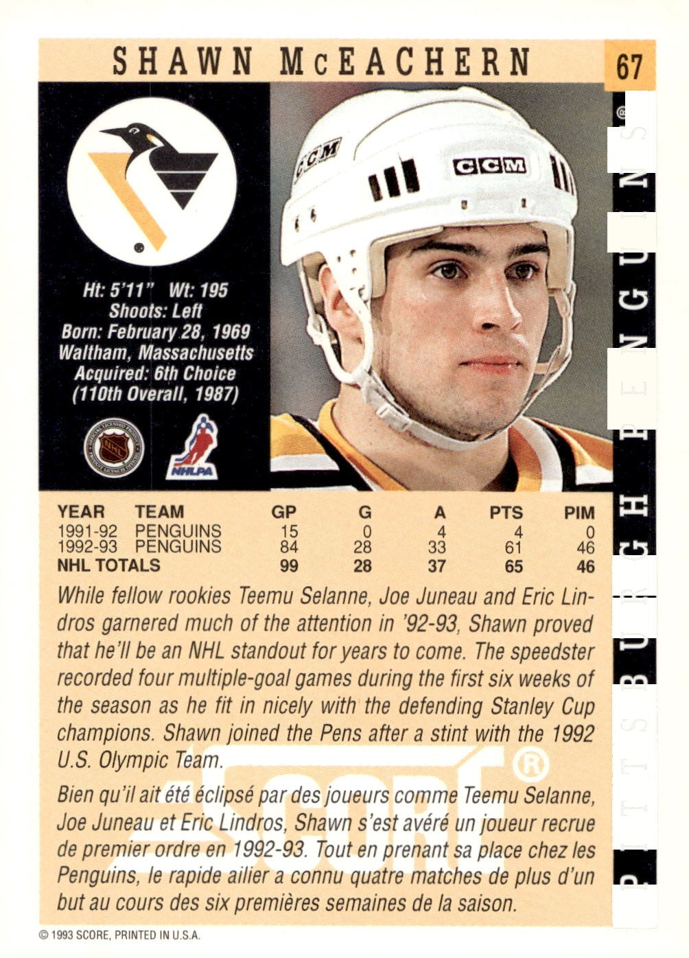 1993-94 Score #67 Shawn McEachern Hockey Pittsburgh Penguins