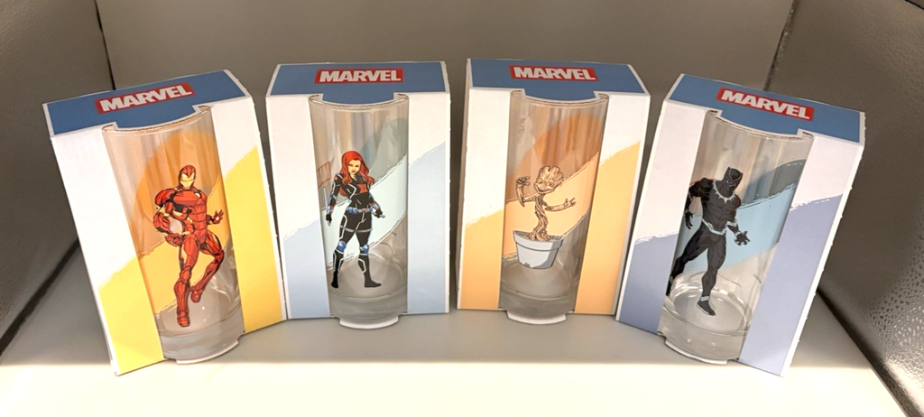 Marvel Superheroes Glass Set 4pc 290ml ~Black Widow ~Groot ~Iron Man ~Panther