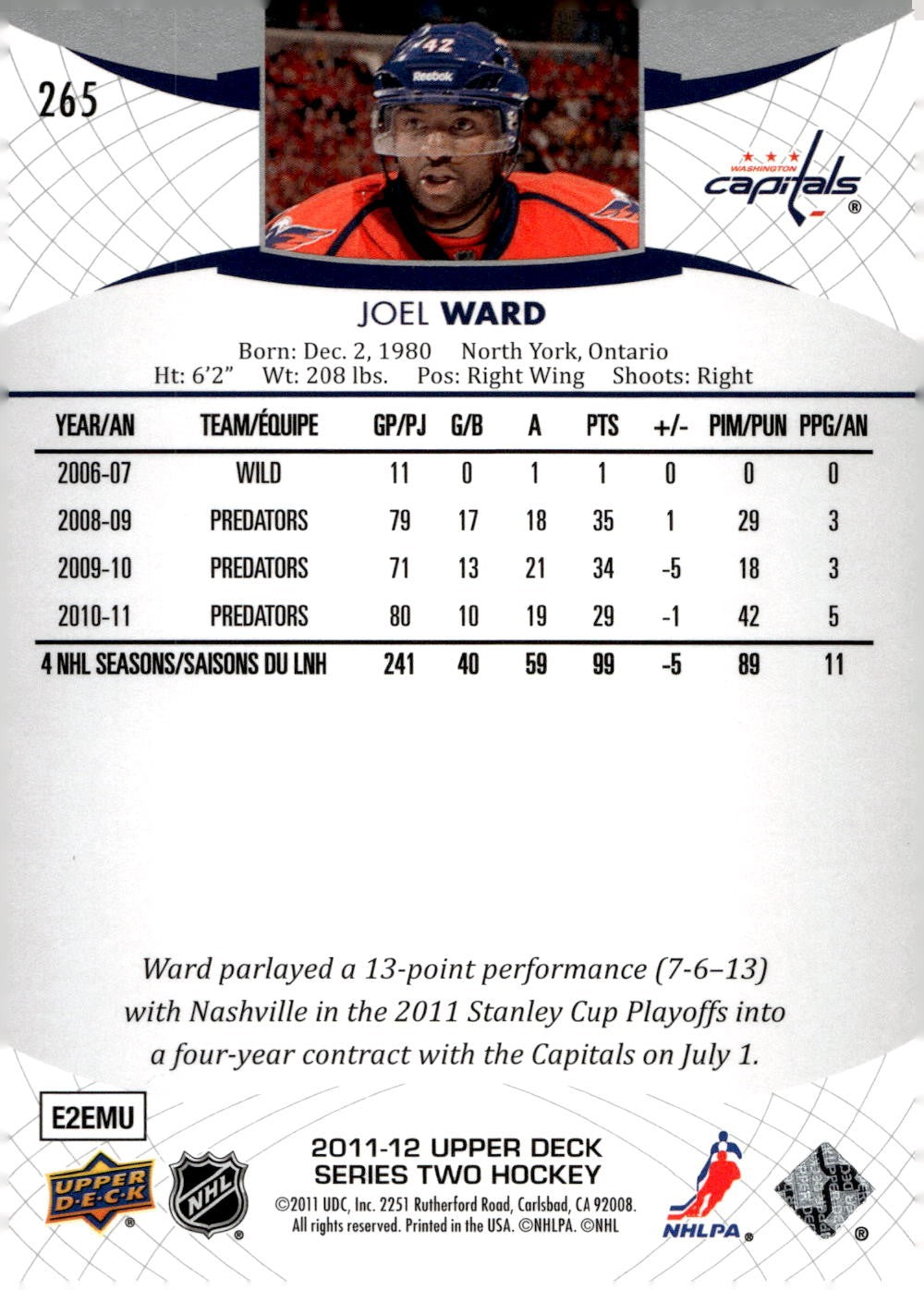 2011-12 Upper Deck #265 Joel Ward Hockey Washington Capitals
