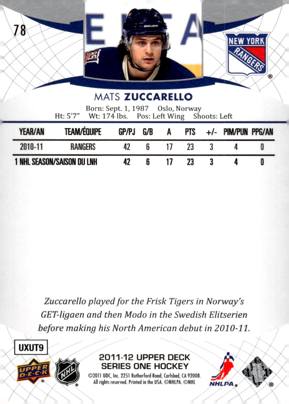 2011-12 Upper Deck #78 Mats Zuccarello-Aasen Hockey New York Rangers