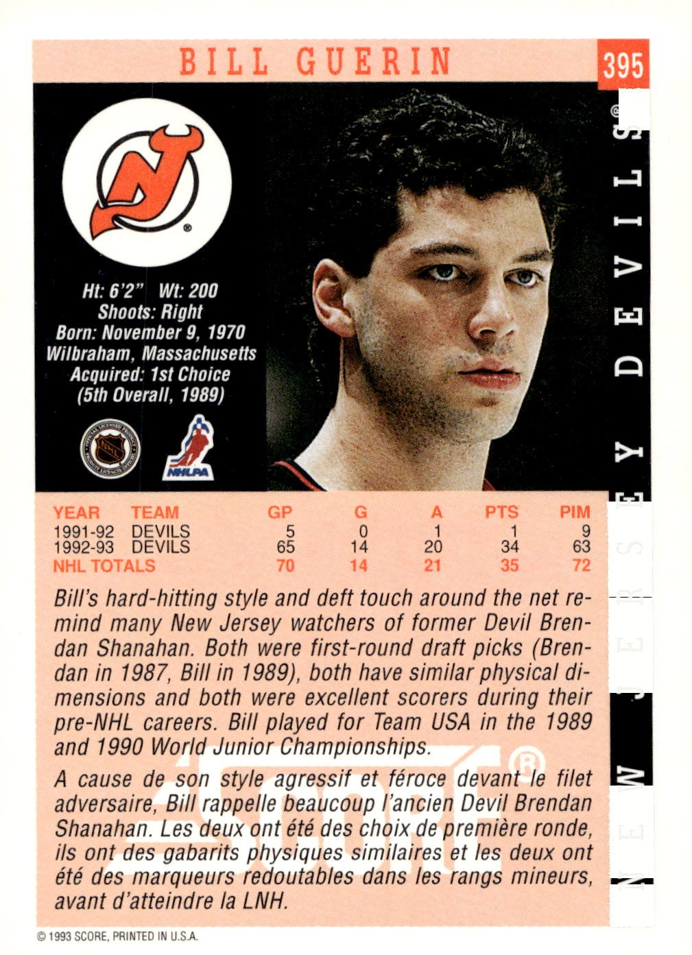 1993-94 Score #395 Bill Guerin Hockey New Jersey Devils