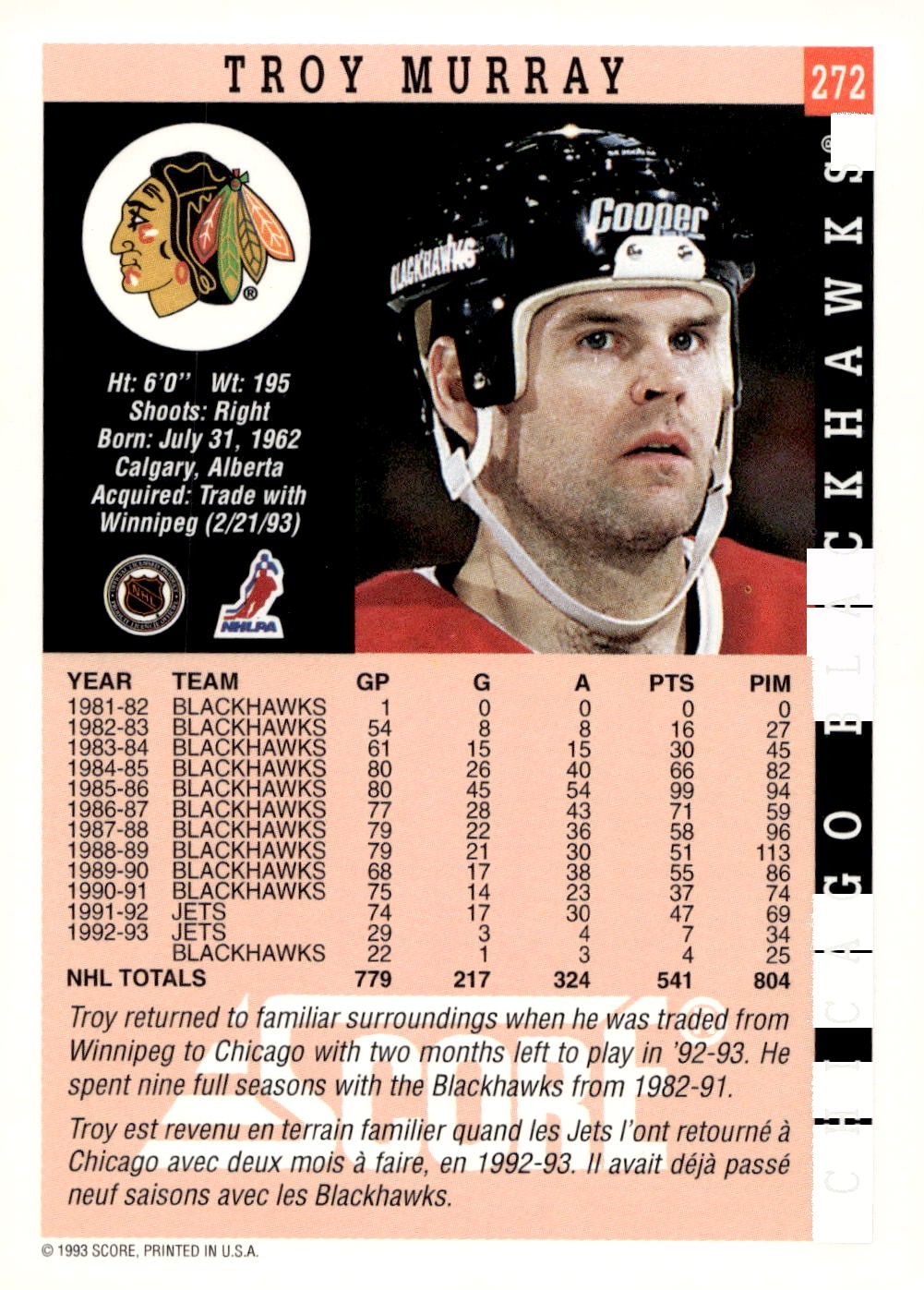 1993-94 Score #272 Troy Murray Hockey Chicago Blackhawks