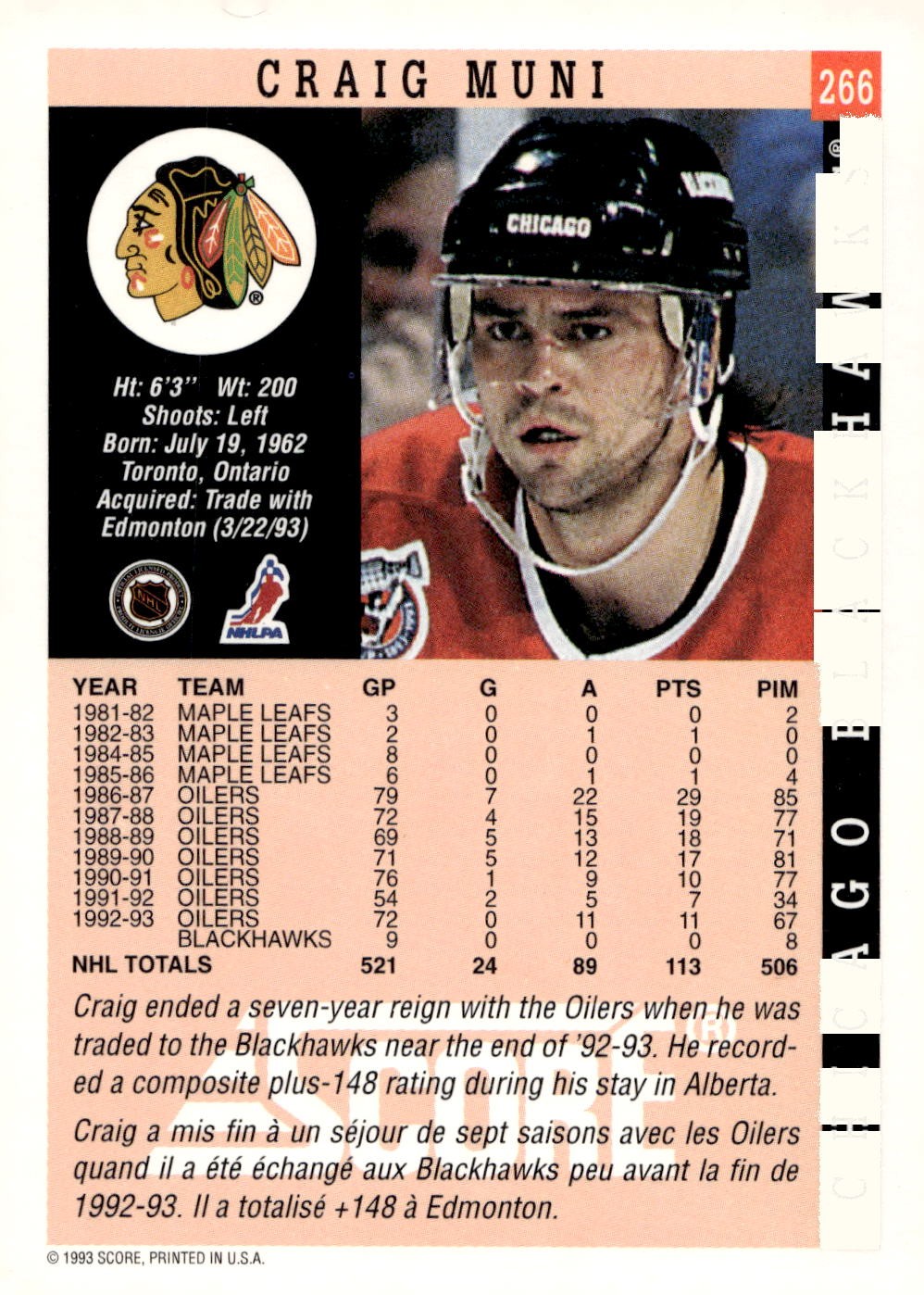 1993-94 Score #266 Craig Muni Hockey Chicago Blackhawks
