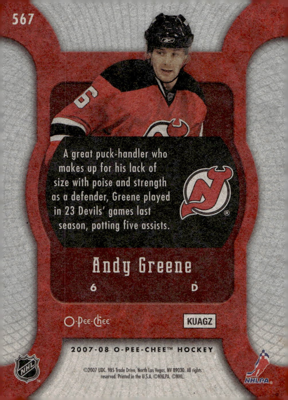 2007-08 O-Pee-Chee #567 Andy Greene Hockey New Jersey Devils