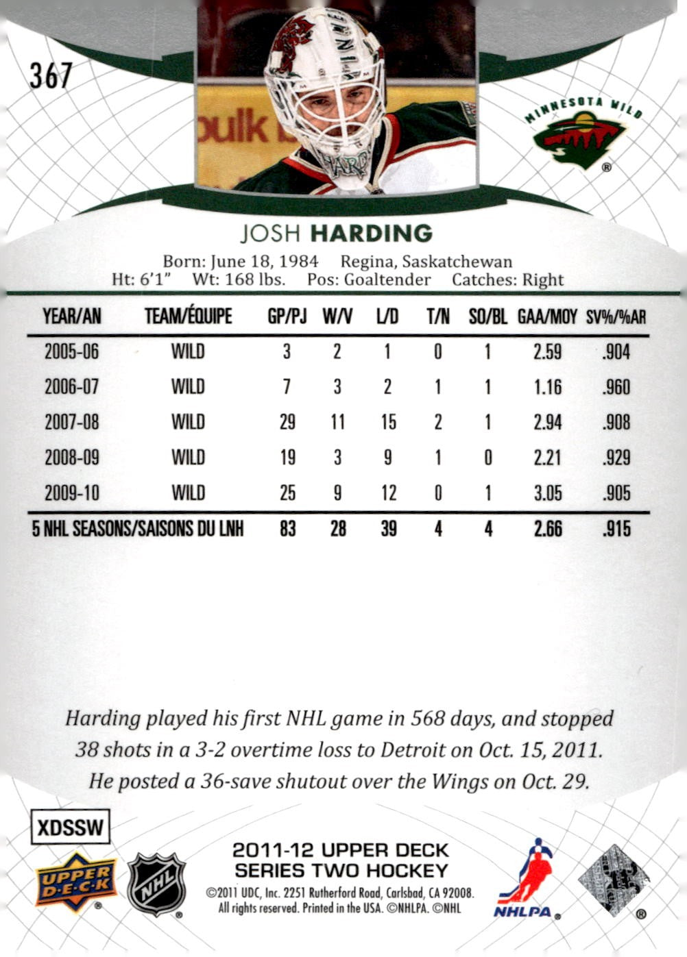 2011-12 Upper Deck #367 Josh Harding Hockey Minnesota Wild