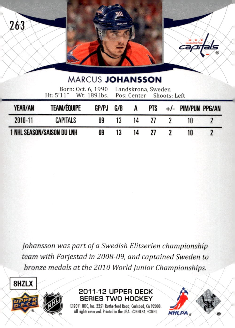 2011-12 Upper Deck #263 Marcus Johansson Hockey Washington Capitals