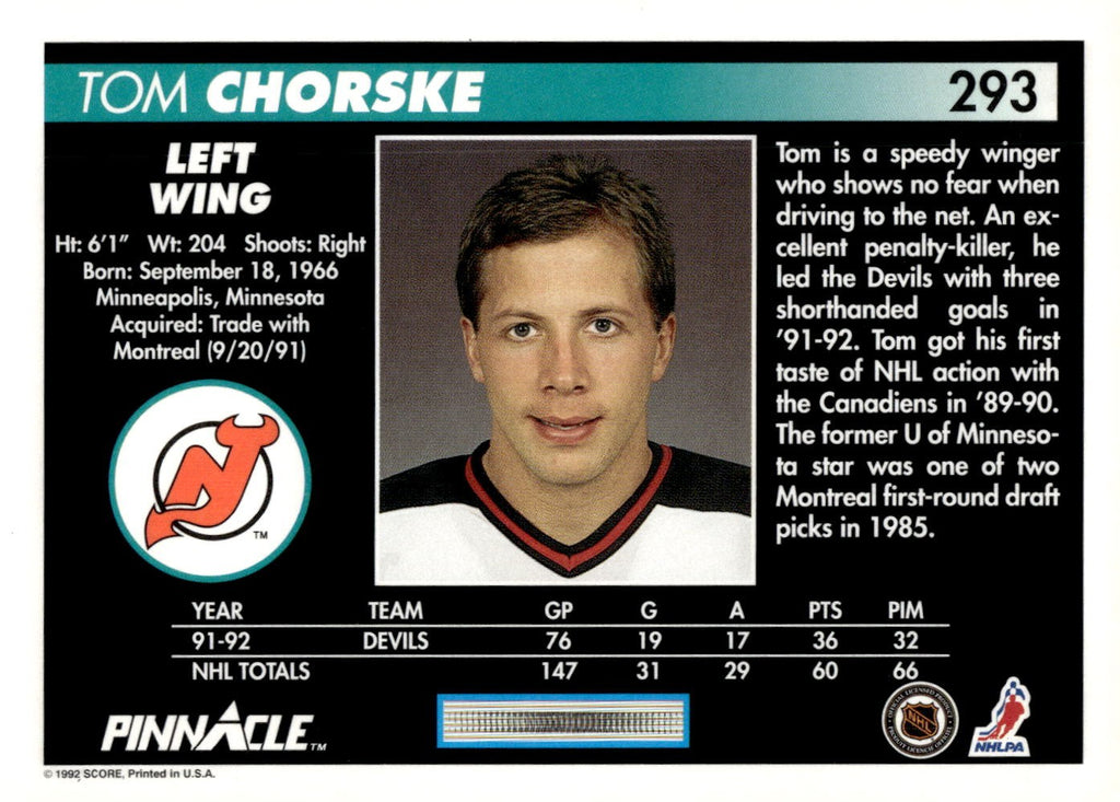 1992-93 Pinnacle #293 Tom Chorske Hockey New Jersey Devils