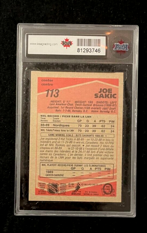 1989-90 OPC Joe Sakic RC #113 KSA Mint 9