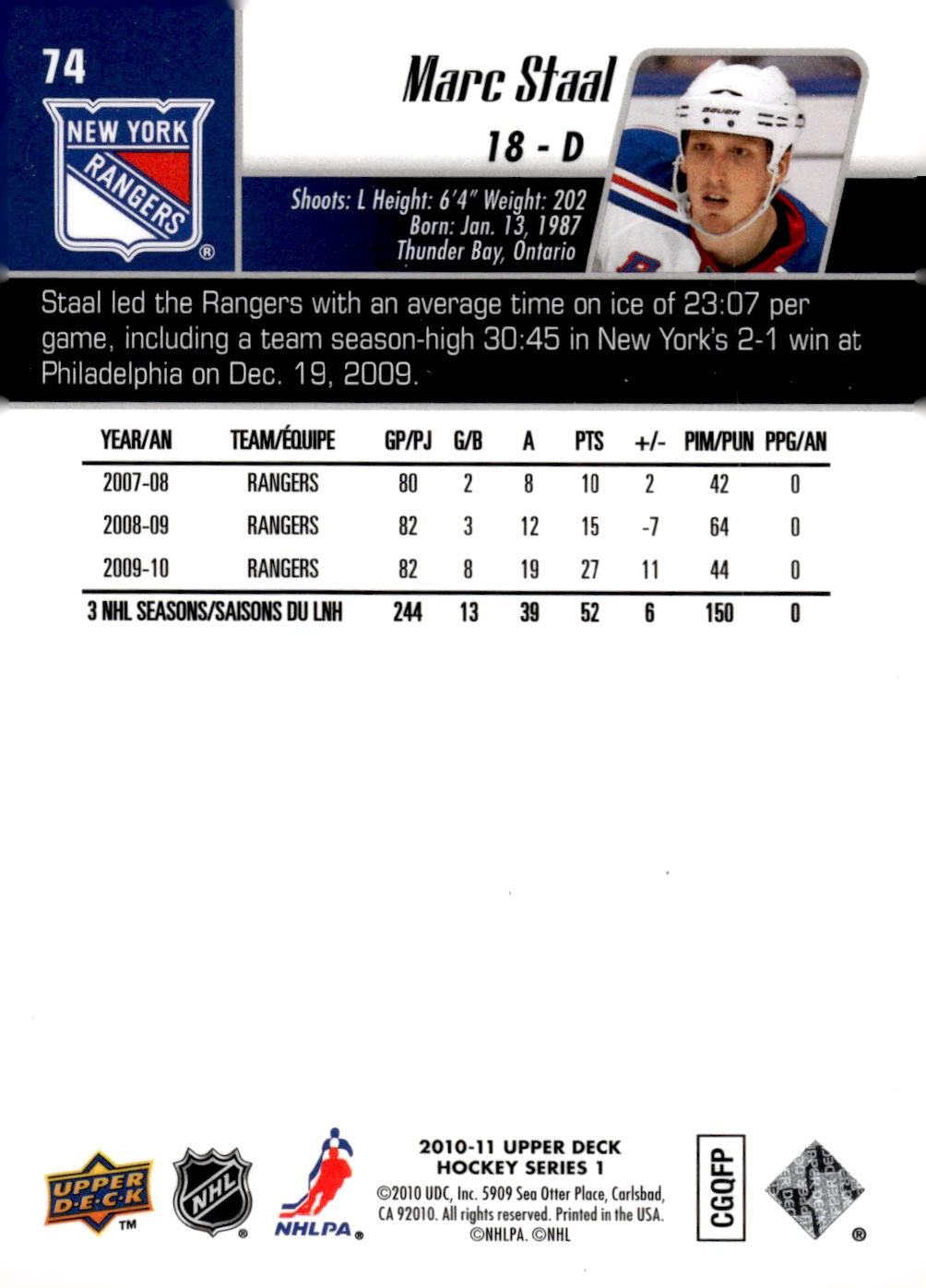 2010-11 Upper Deck #74 Marc Staal Hockey New York Rangers