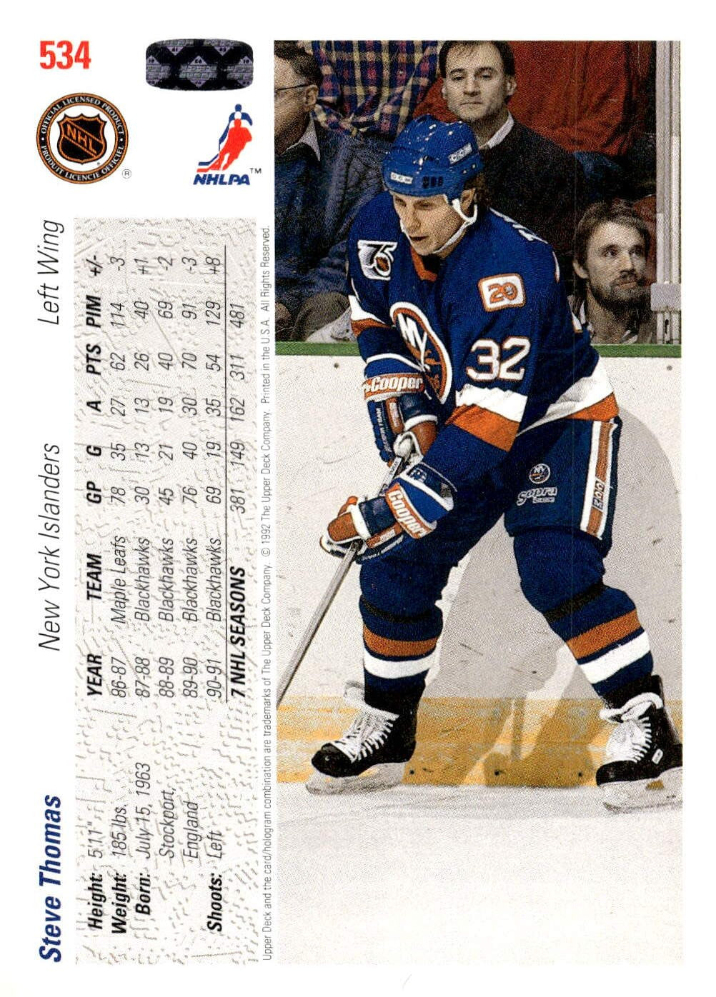 1991-92 Upper Deck #534 Steve Thomas Hockey New York Islanders