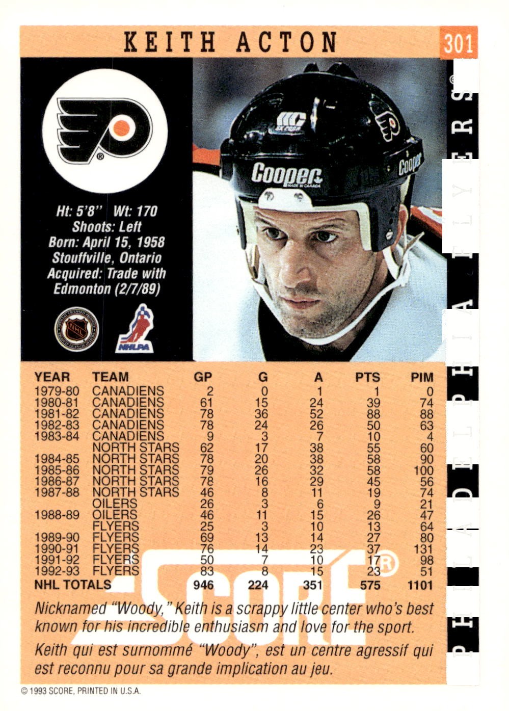 1993-94 Score #301 Keith Acton Hockey Philadelphia Flyers