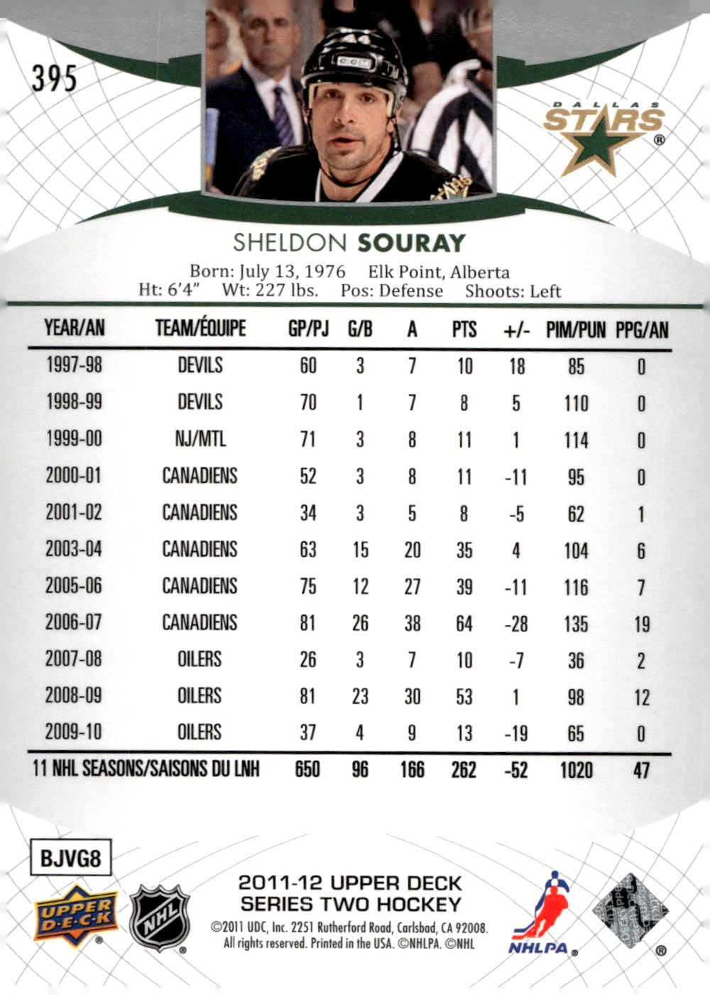 2011-12 Upper Deck #395 Sheldon Souray Hockey Dallas Stars