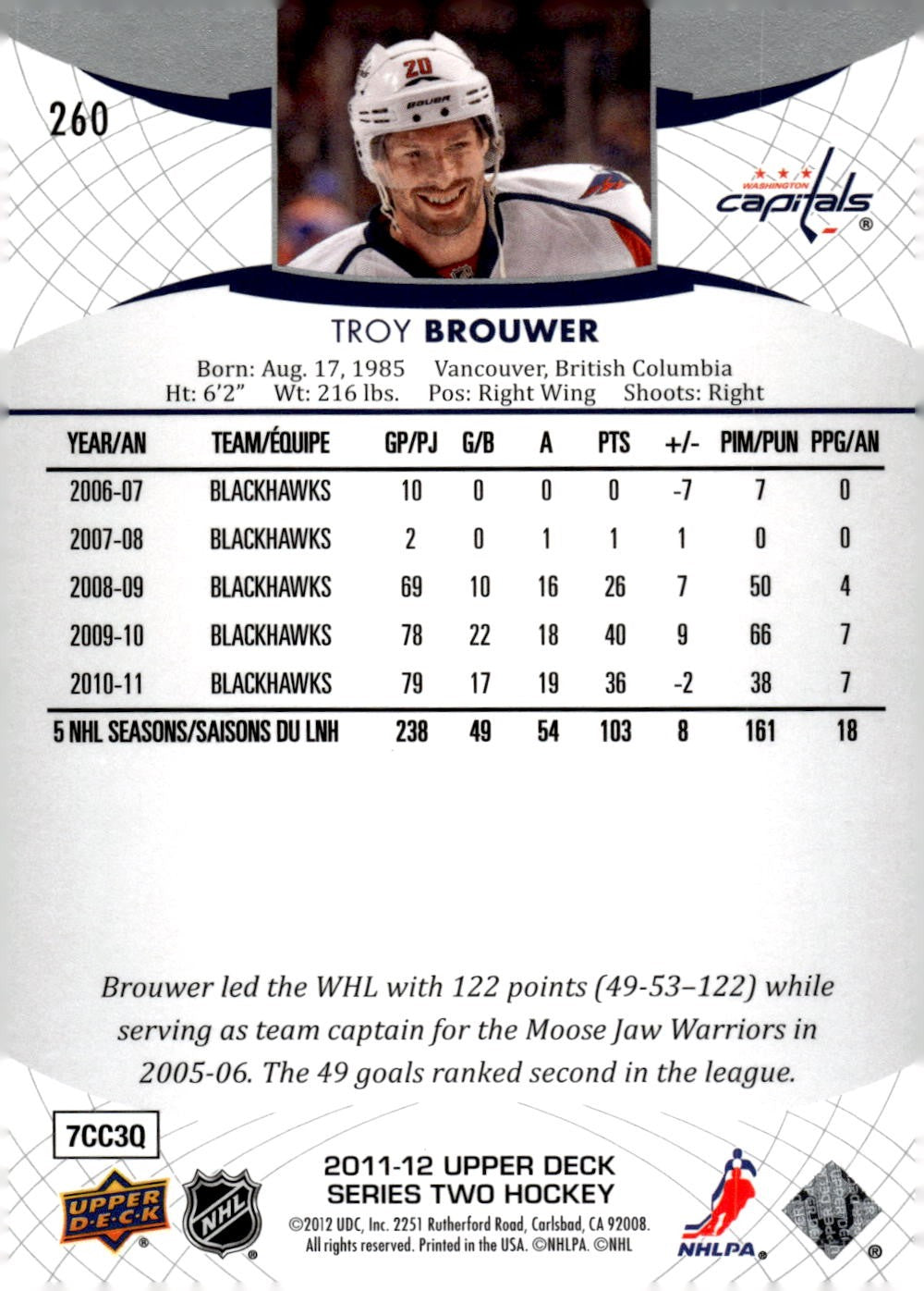 2011-12 Upper Deck #260 Troy Brouwer Hockey Washington Capitals