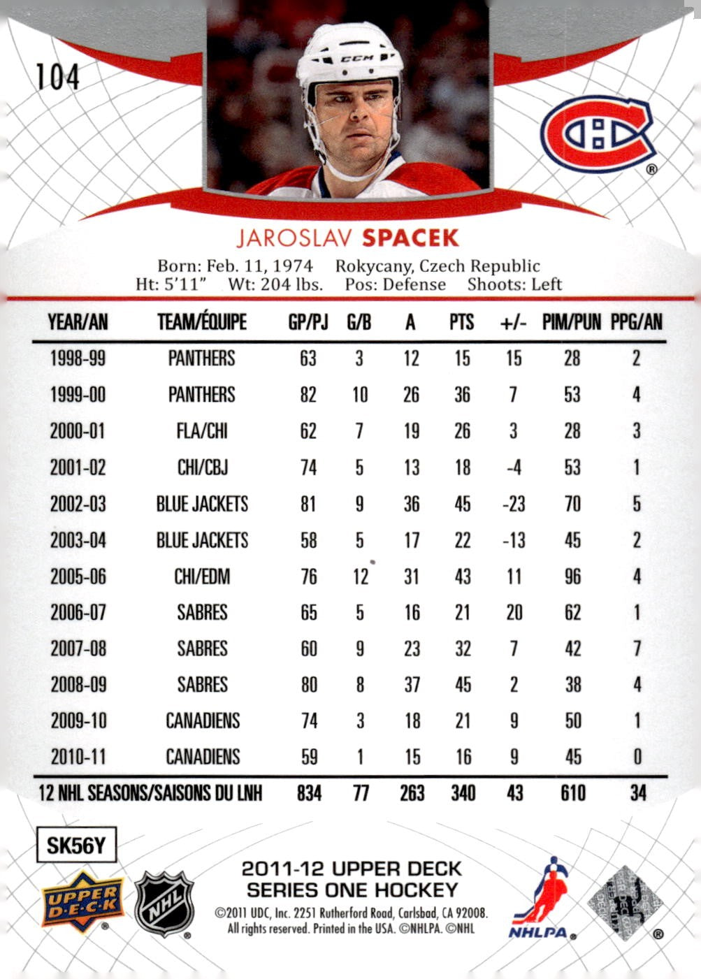 2011-12 Upper Deck #104 Jaroslav Spacek Hockey Montreal Canadiens