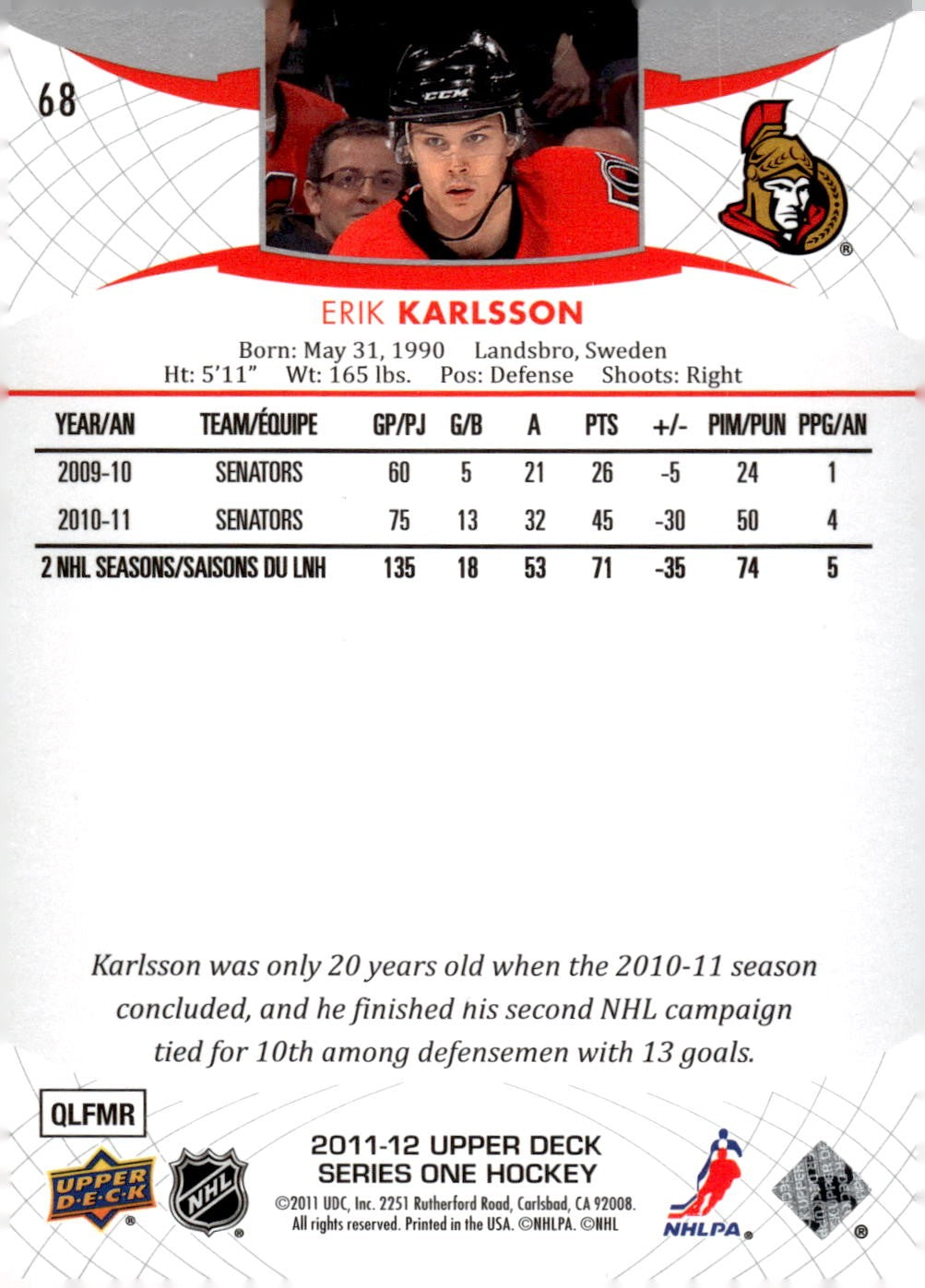 2011-12 Upper Deck #68 Erik Karlsson Hockey Ottawa Senators
