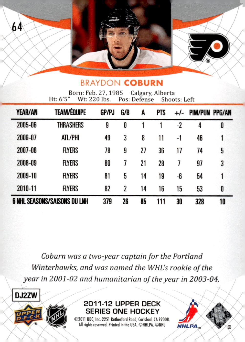 2011-12 Upper Deck #64 Braydon Coburn Hockey Philadelphia Flyers