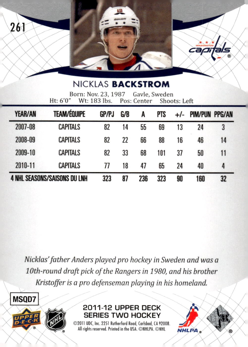 2011-12 Upper Deck #261 Nicklas Backstrom Hockey Washington Capitals