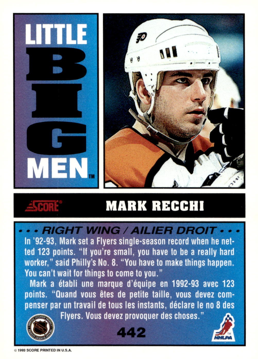 1993-94 Score #442 Mark Recchi Hockey Philadelphia Flyers