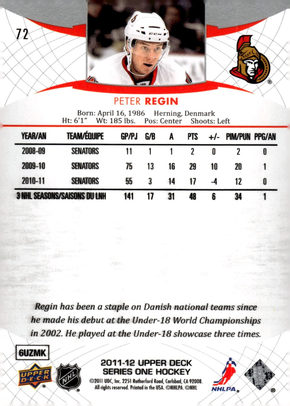 2011-12 Upper Deck #72 Peter Regin Hockey Ottawa Senators