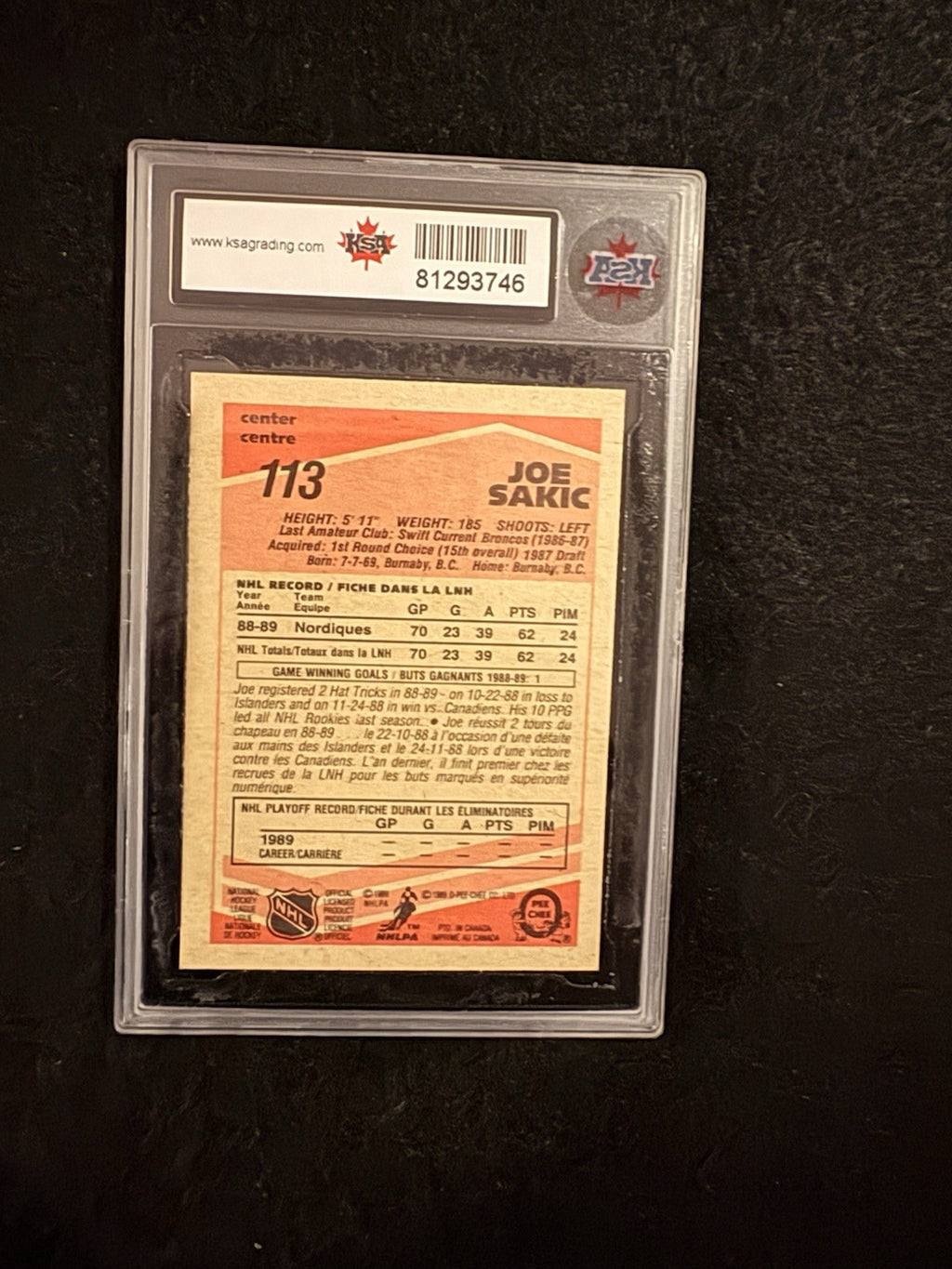 1989-90 OPC Joe Sakic RC #113 KSA Mint 9