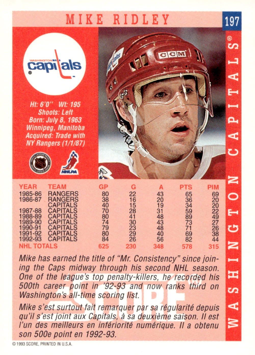 1993-94 Score #197 Mike Ridley Hockey Washington Capitals