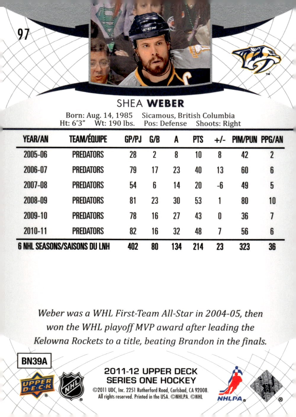 2011-12 Upper Deck #97 Shea Weber Hockey Nashville Predators