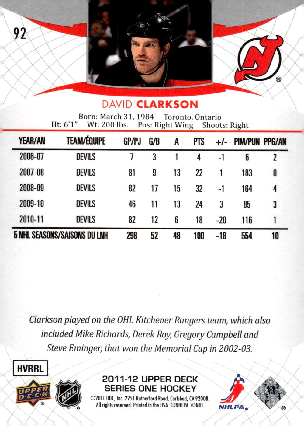 2011-12 Upper Deck #92 David Clarkson Hockey New Jersey Devils