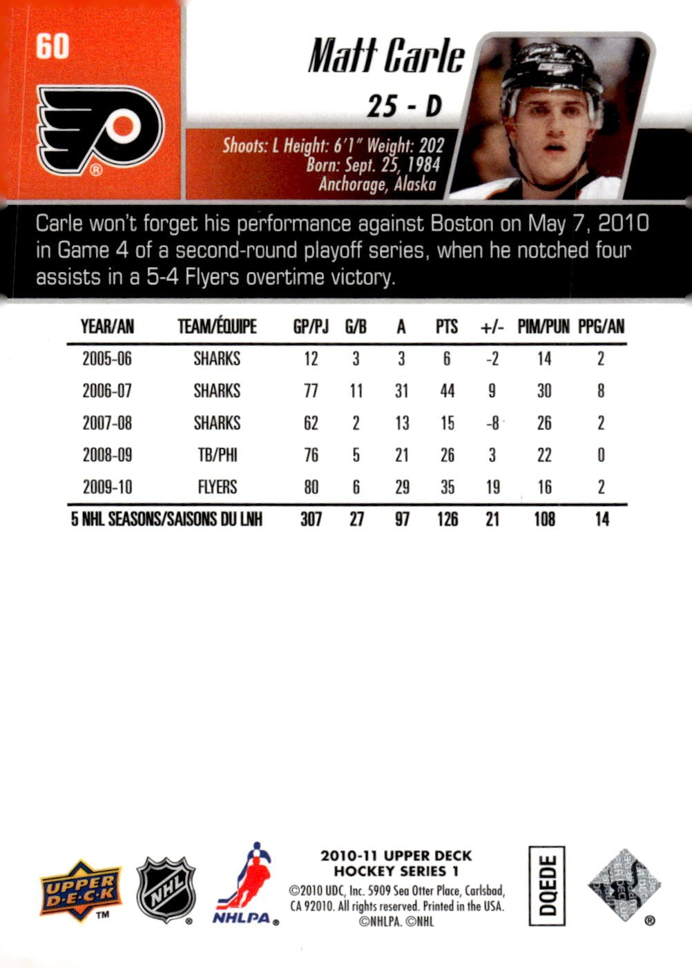 2010-11 Upper Deck #60 Matt Carle Hockey Philadelphia Flyers